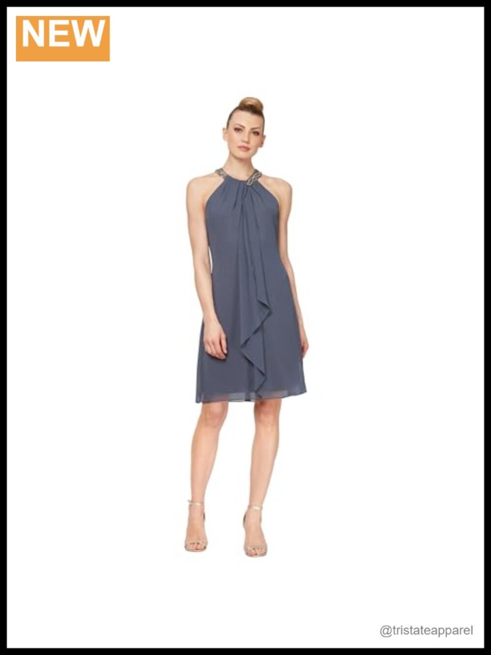 Sleeveless Beaded Halter Sheath Cocktail Dress Ruffled Chiffon Party